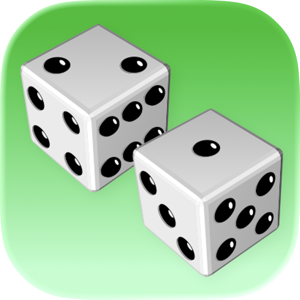 The current icon of the application. Green background. Two dice in 3D, showing a two and a one on their top surface.